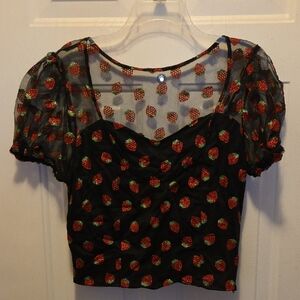 Hot Topic Black Sheer Crop Top with Glitter Strawberry Motif